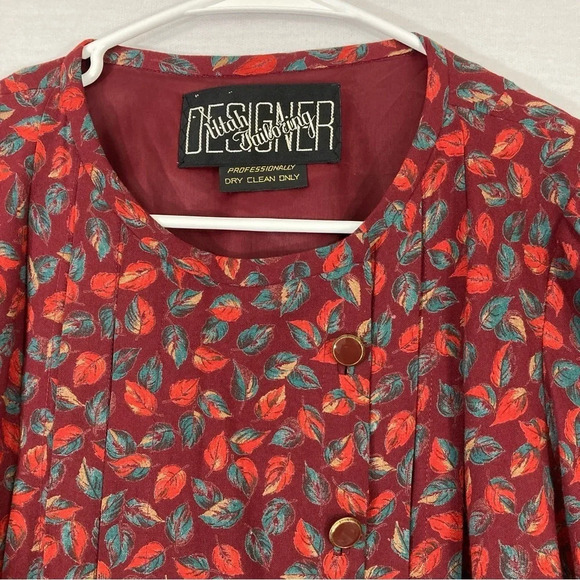 Vintage Red Burgundy Leaf Print Midi Dress size Large - Picture 3 of 9
